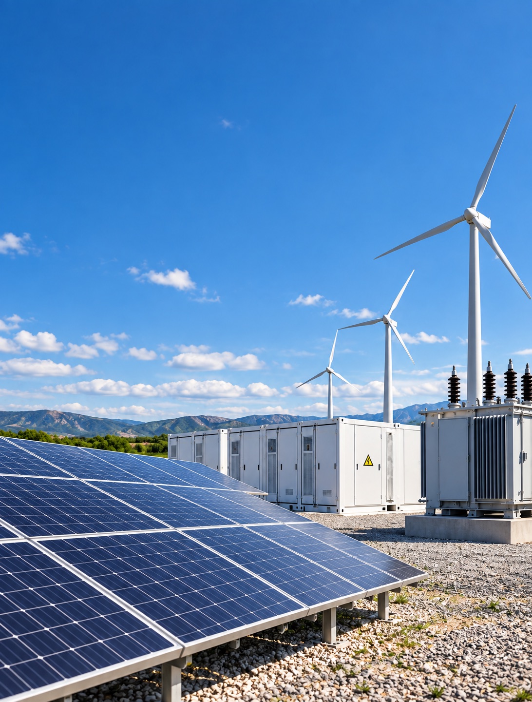 Solar panels, wind turbines, battery storage and a transformer