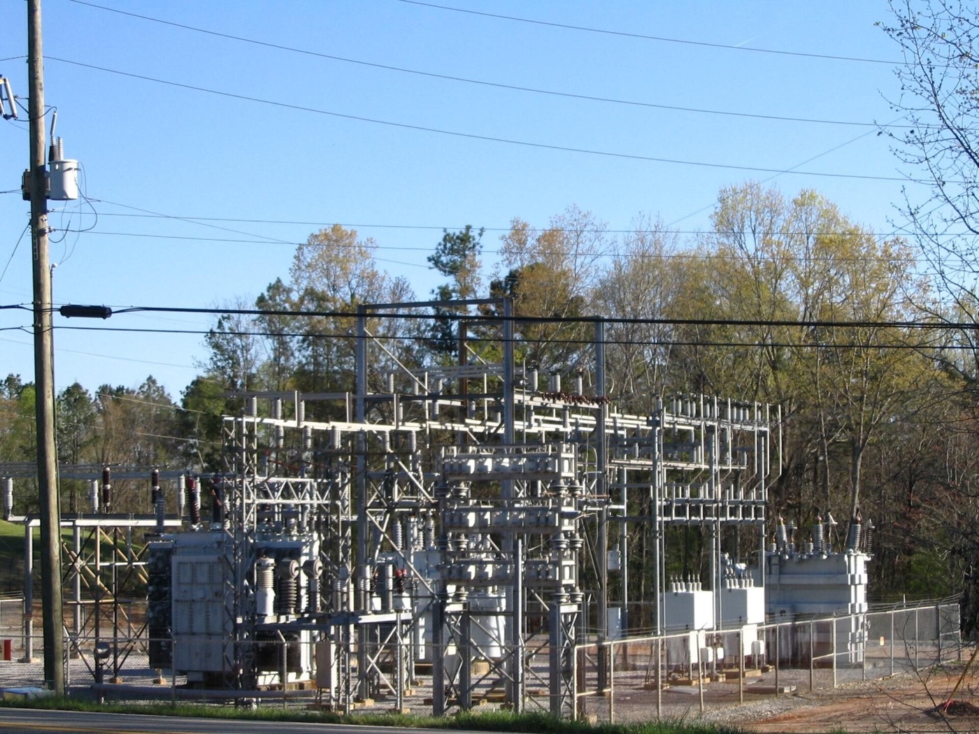Power transformers and electrical equipment at an outdoor substation